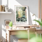 affiche dart abstrait dun jardin verdoyant avec des fleurs epanouies dans un sty bureau.webp