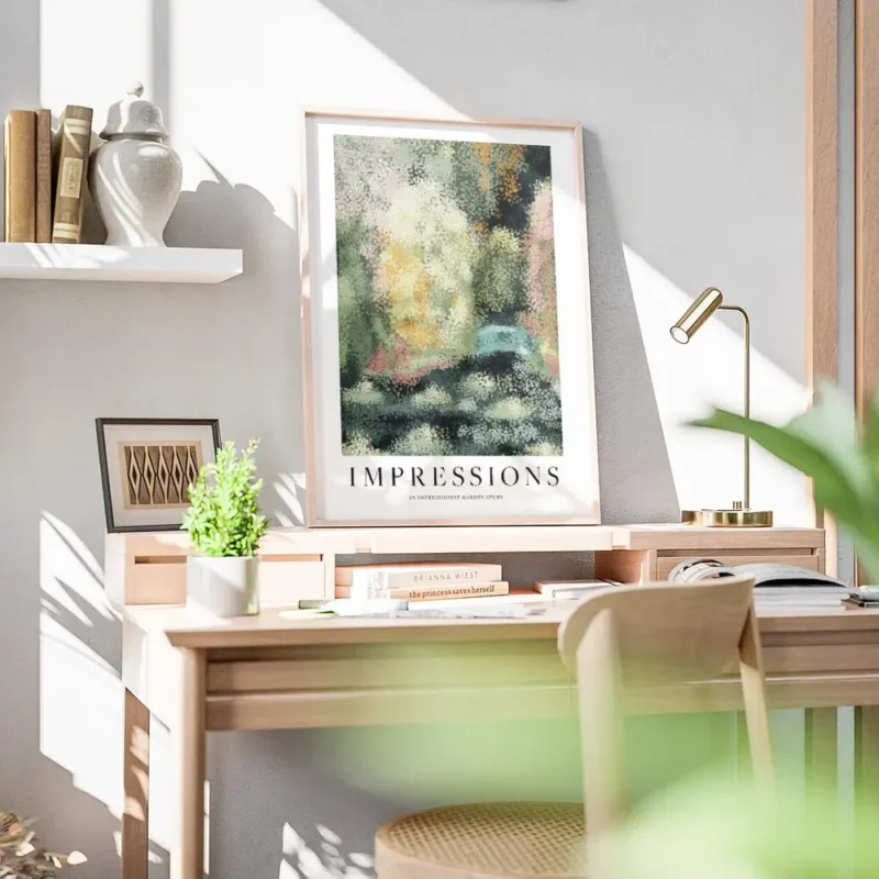 affiche dart abstrait dun jardin verdoyant avec des fleurs epanouies dans un sty bureau.webp