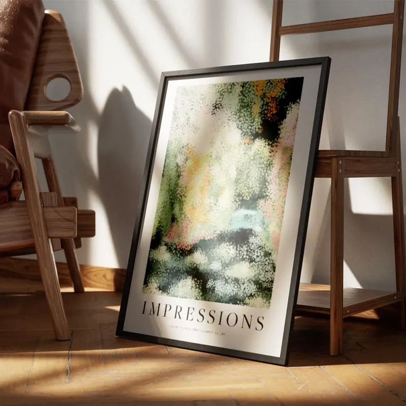 affiche dart abstrait dun jardin verdoyant avec des fleurs epanouies dans un sty encadre.webp