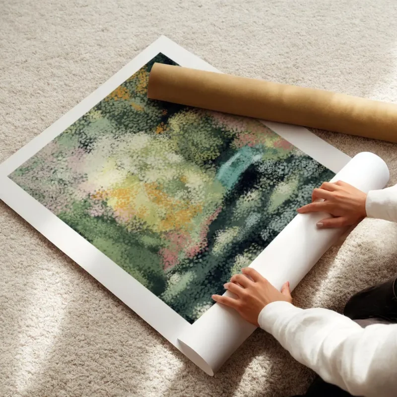 affiche dart abstrait dun jardin verdoyant avec des fleurs epanouies dans un sty enroule.webp