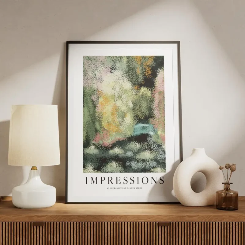 affiche dart abstrait dun jardin verdoyant avec des fleurs epanouies dans un sty meuble.webp