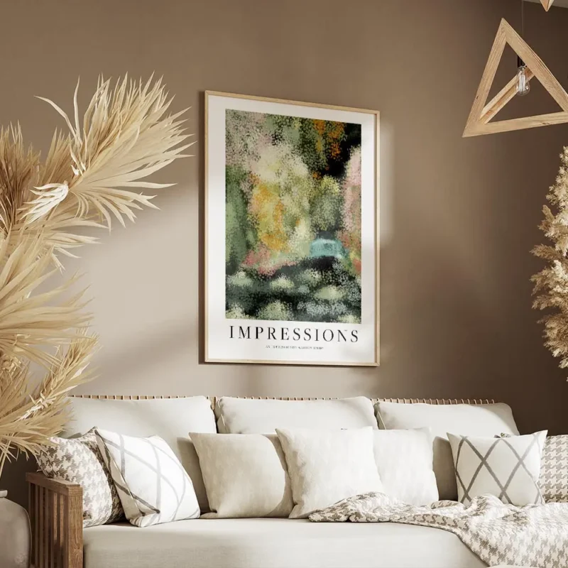 affiche dart abstrait dun jardin verdoyant avec des fleurs epanouies dans un sty salon.webp