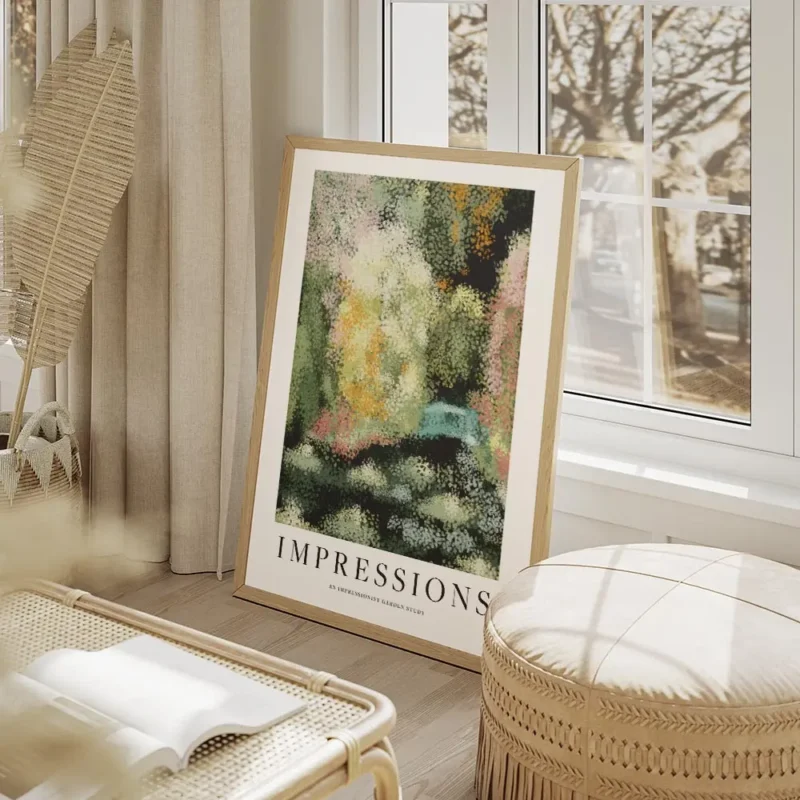 affiche dart abstrait dun jardin verdoyant avec des fleurs epanouies dans un sty salon beige.webp