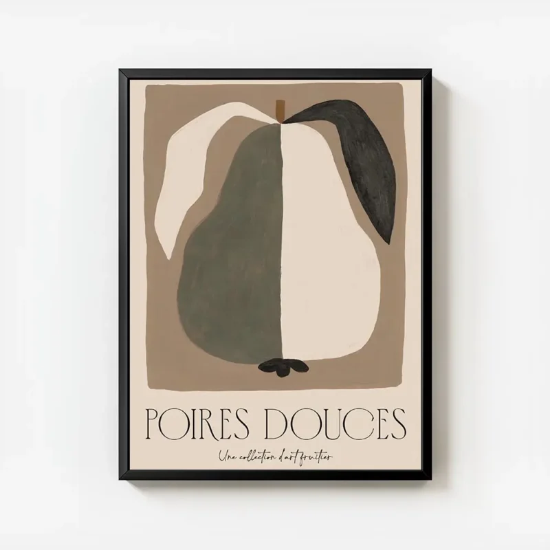 affiche dart abstrait dune poire aux couleurs neutres de kaki et blanc casse ave avec cadre.webp
