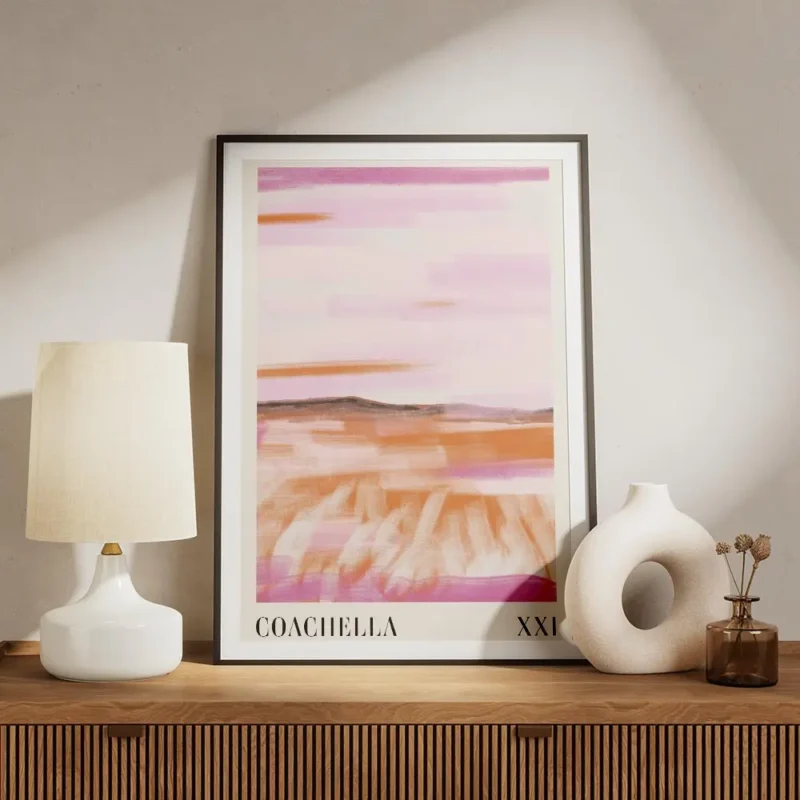 affiche dart abstrait dune vallee avec des coups de pinceau roses et oranges et meuble.webp