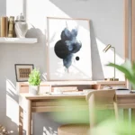 affiche dart abstrait formes aquarelle bleues et noires avec des cercles sur toi bureau.webp