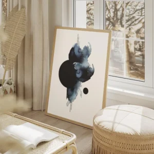 affiche dart abstrait formes aquarelle bleues et noires avec des cercles sur toi salon beige.webp