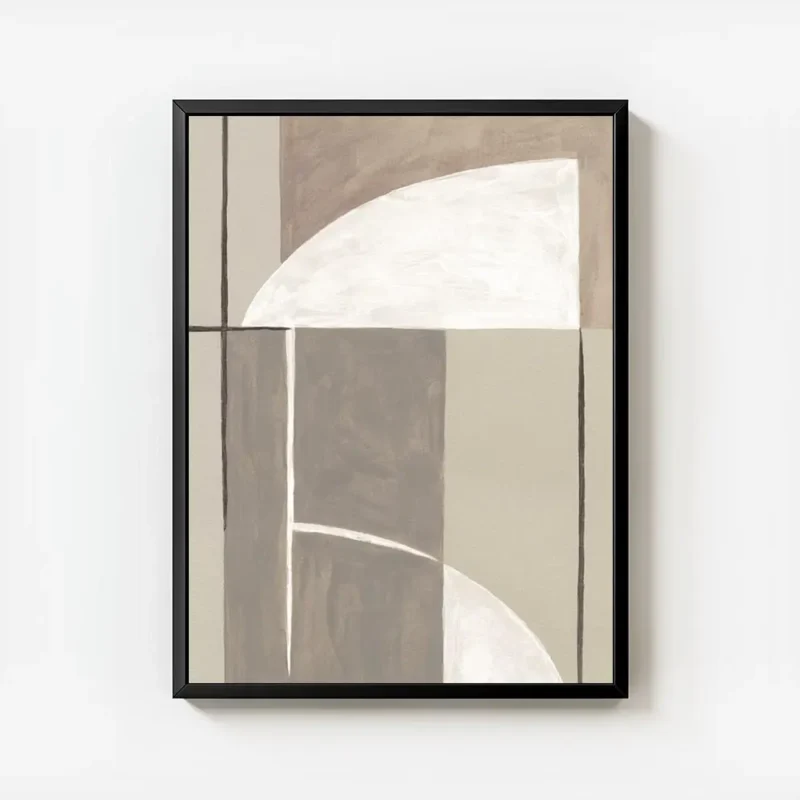 affiche dart abstrait geometrique aux formes courbes et droites dans des tons br avec cadre.webp
