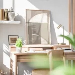 affiche dart abstrait geometrique aux formes courbes et droites dans des tons br bureau.webp