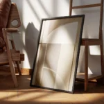 affiche dart abstrait geometrique aux formes courbes et droites dans des tons br encadre.webp