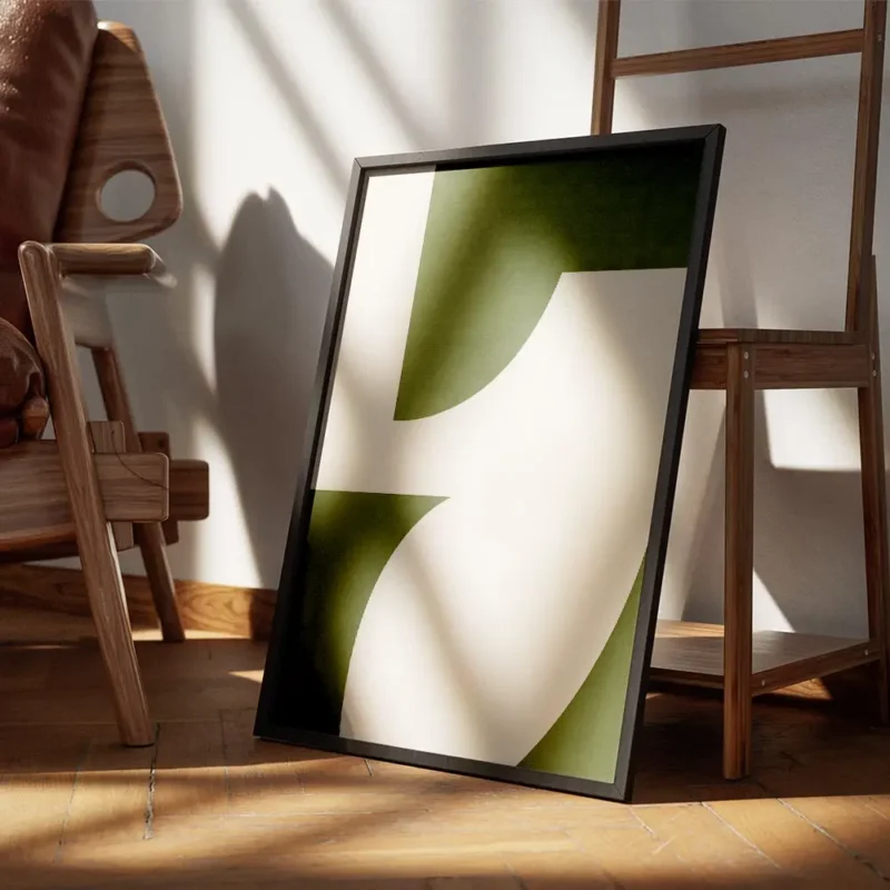 affiche dart abstrait geometrique avec des formes graphiques vertes et beiges ty encadre.webp