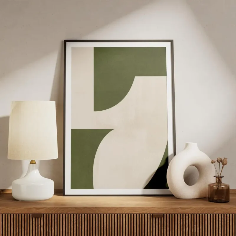 affiche dart abstrait geometrique avec des formes graphiques vertes et beiges ty meuble.webp