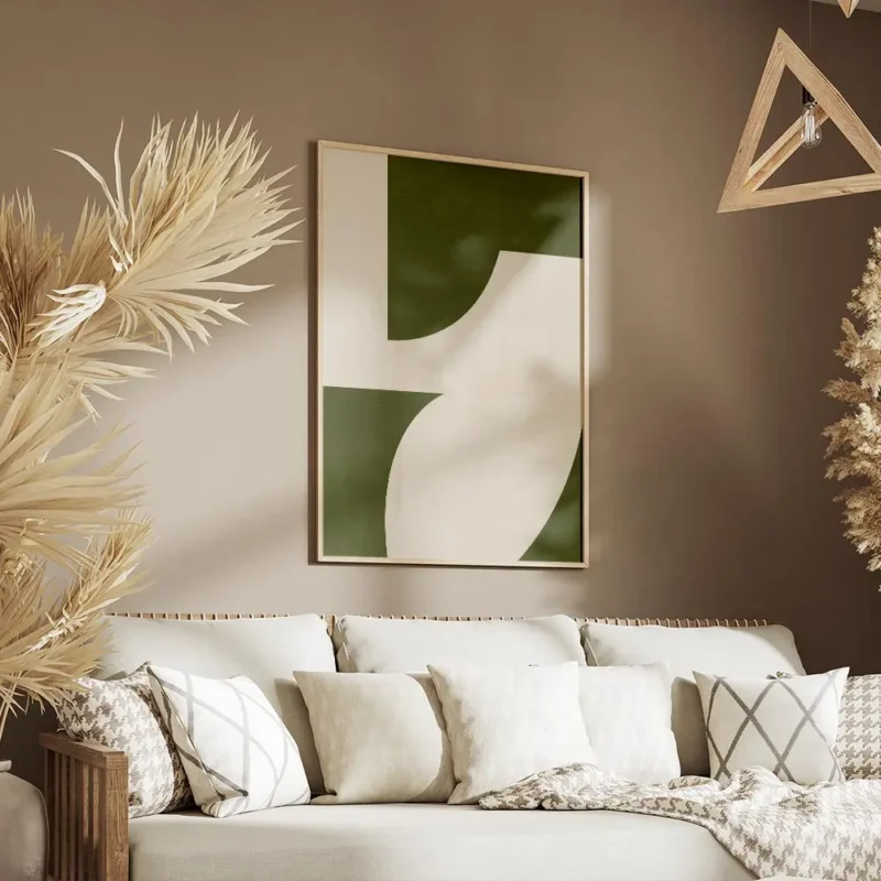affiche dart abstrait geometrique avec des formes graphiques vertes et beiges ty salon.webp