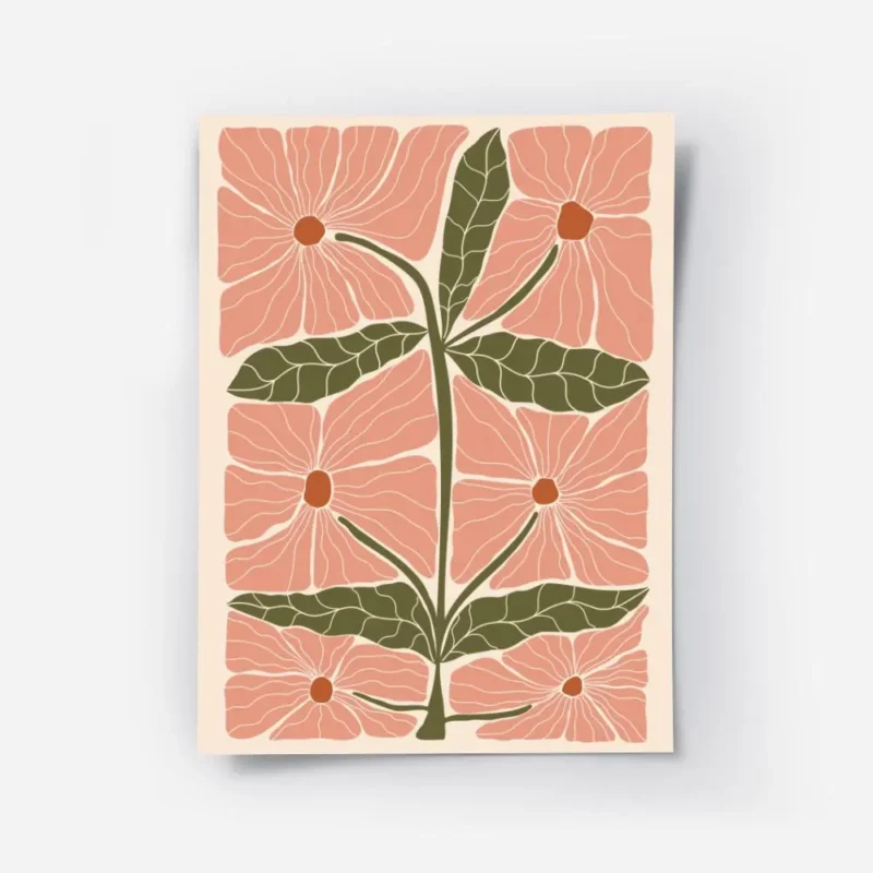 affiche dart abstrait illustration de grandes fleurs roses carrees et de feuille.webp