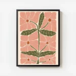 affiche dart abstrait illustration de grandes fleurs roses carrees et de feuille avec cadre.webp