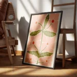 affiche dart abstrait illustration de grandes fleurs roses carrees et de feuille encadre.webp