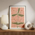 affiche dart abstrait illustration de grandes fleurs roses carrees et de feuille meuble.webp