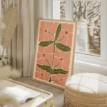 affiche dart abstrait illustration de grandes fleurs roses carrees et de feuille salon beige.webp