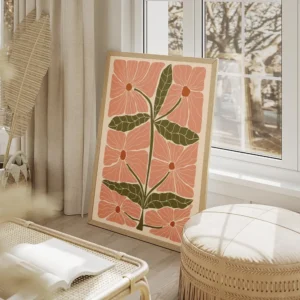 affiche dart abstrait illustration de grandes fleurs roses carrees et de feuille salon beige.webp