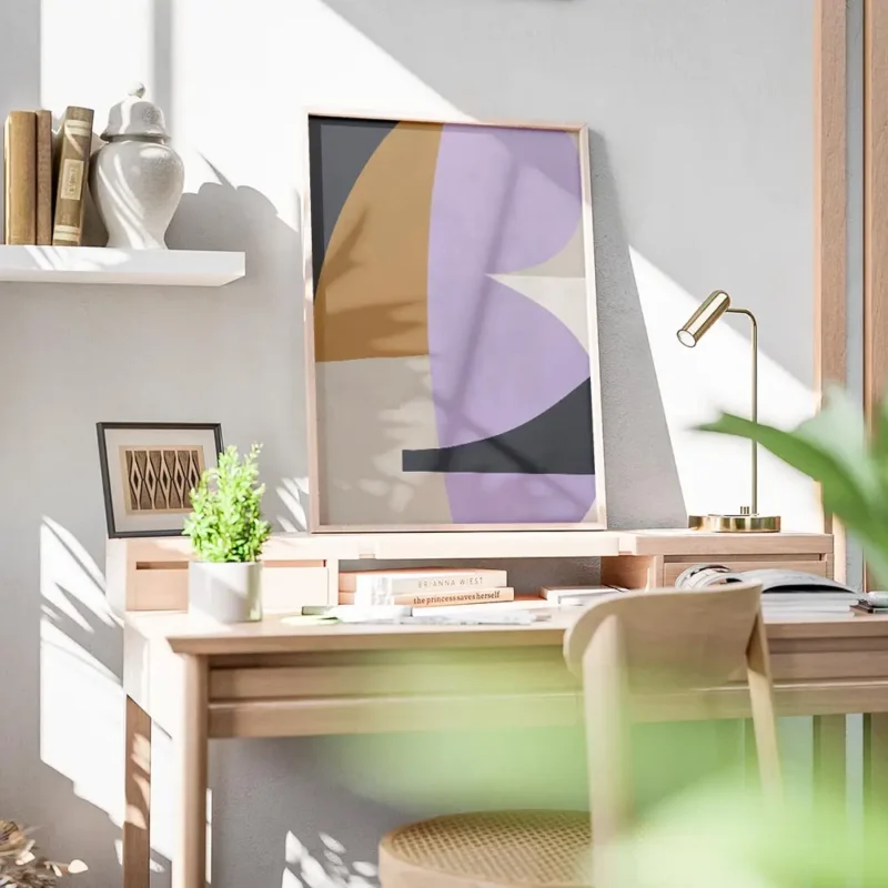 affiche dart abstrait melange de formes irregulieres lilas orange et beige pour bureau.webp