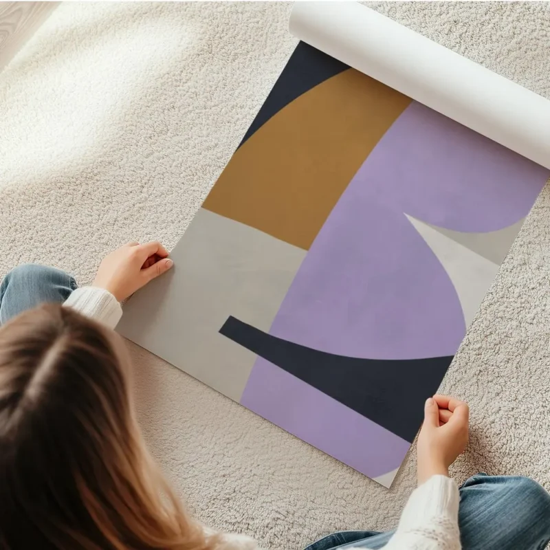 affiche dart abstrait melange de formes irregulieres lilas orange et beige pour en rouleau.webp