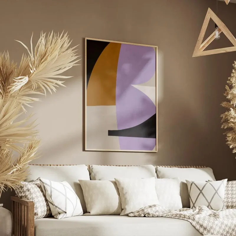 affiche dart abstrait melange de formes irregulieres lilas orange et beige pour salon.webp
