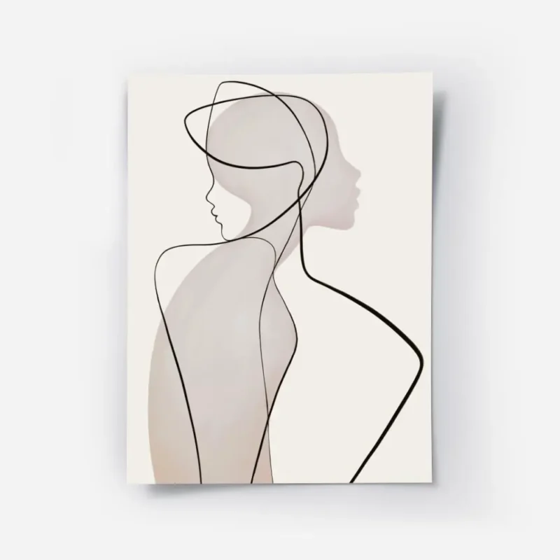 affiche dart abstrait minimaliste dune femme avec des lignes noires et des forme.webp