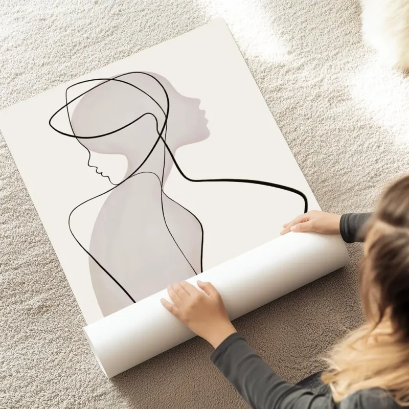 affiche dart abstrait minimaliste dune femme avec des lignes noires et des forme au sol.webp