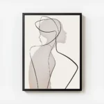 affiche dart abstrait minimaliste dune femme avec des lignes noires et des forme avec cadre.webp