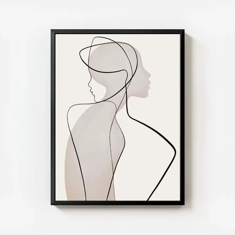 affiche dart abstrait minimaliste dune femme avec des lignes noires et des forme avec cadre.webp