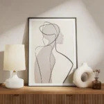 affiche dart abstrait minimaliste dune femme avec des lignes noires et des forme meuble.webp
