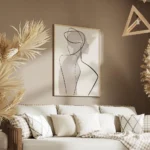 affiche dart abstrait minimaliste dune femme avec des lignes noires et des forme salon.webp