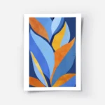 affiche dart abstrait moderne avec des feuilles stylisees bleues oranges et jaun.webp