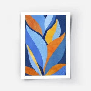 affiche dart abstrait moderne avec des feuilles stylisees bleues oranges et jaun.webp
