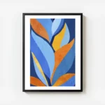 affiche dart abstrait moderne avec des feuilles stylisees bleues oranges et jaun avec cadre.webp
