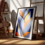 affiche dart abstrait moderne avec des feuilles stylisees bleues oranges et jaun encadre.webp