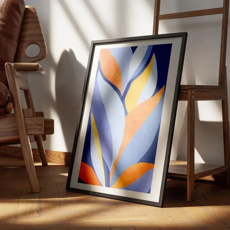 affiche dart abstrait moderne avec des feuilles stylisees bleues oranges et jaun encadre.webp