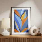 affiche dart abstrait moderne avec des feuilles stylisees bleues oranges et jaun meuble.webp