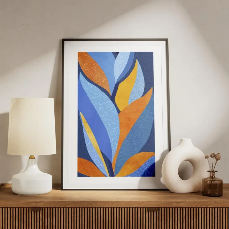 affiche dart abstrait moderne avec des feuilles stylisees bleues oranges et jaun meuble.webp