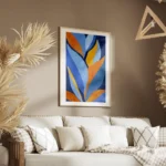 affiche dart abstrait moderne avec des feuilles stylisees bleues oranges et jaun salon.webp