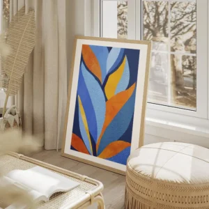 affiche dart abstrait moderne avec des feuilles stylisees bleues oranges et jaun salon beige.webp