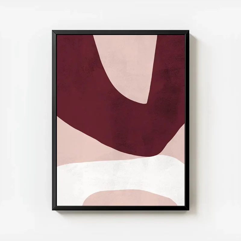 affiche dart abstrait moderne avec des formes asymetriques bordeaux rose clair e avec cadre.webp