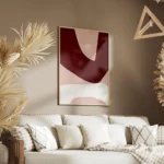 affiche dart abstrait moderne avec des formes asymetriques bordeaux rose clair e salon.webp