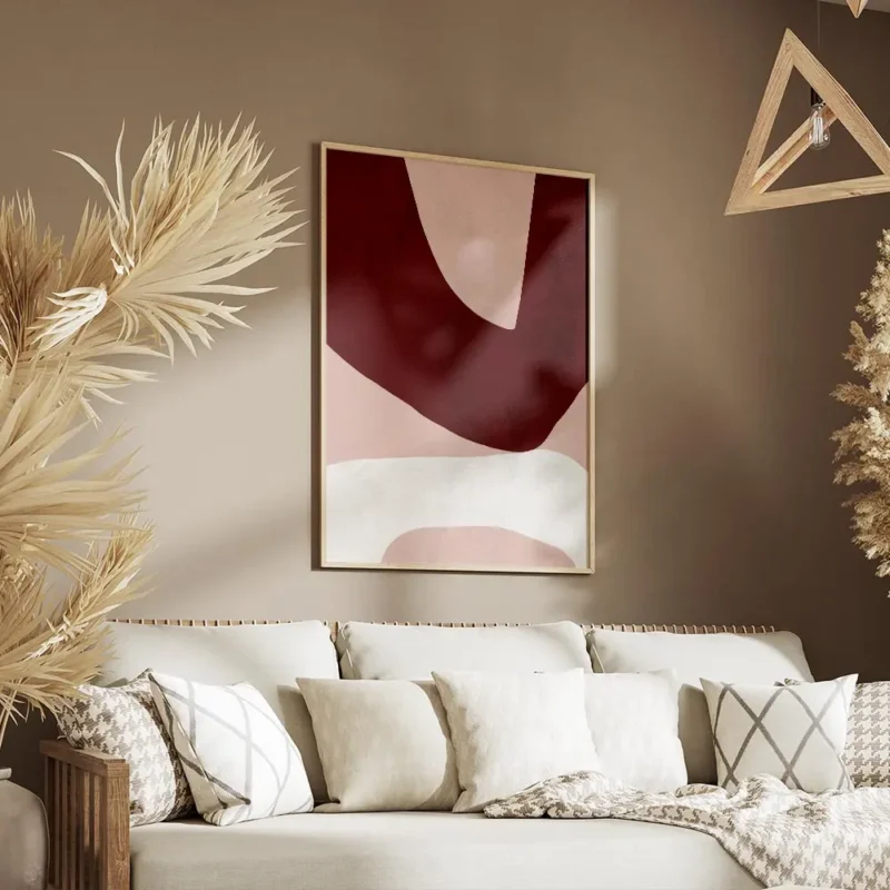 affiche dart abstrait moderne avec des formes asymetriques bordeaux rose clair e salon.webp