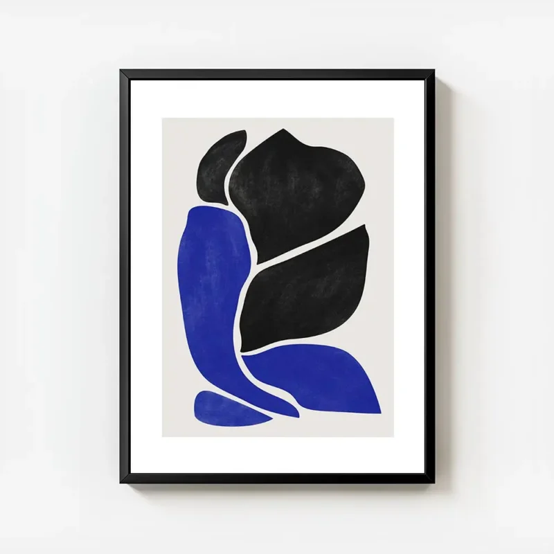 affiche dart abstrait moderne avec des formes noires et bleues sur fond beige cr avec cadre.webp
