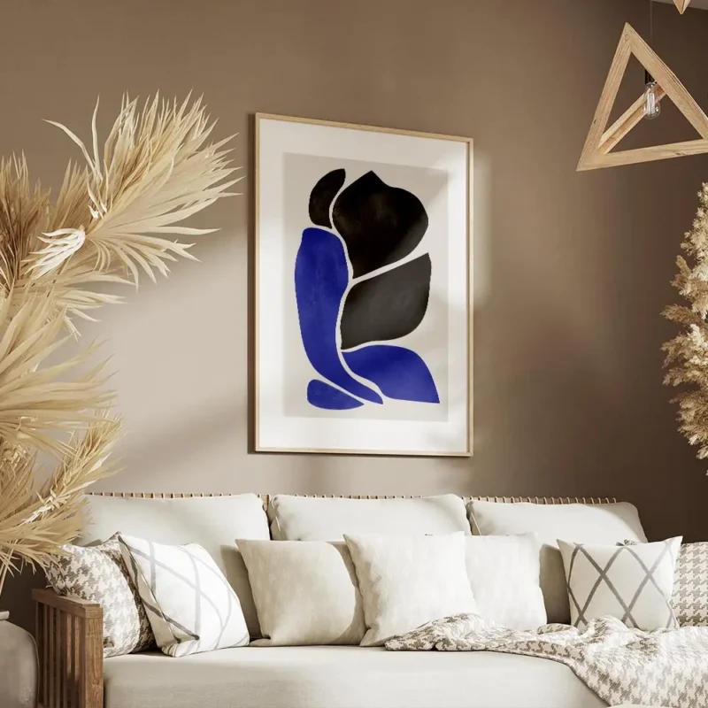 affiche dart abstrait moderne avec des formes noires et bleues sur fond beige cr salon.webp