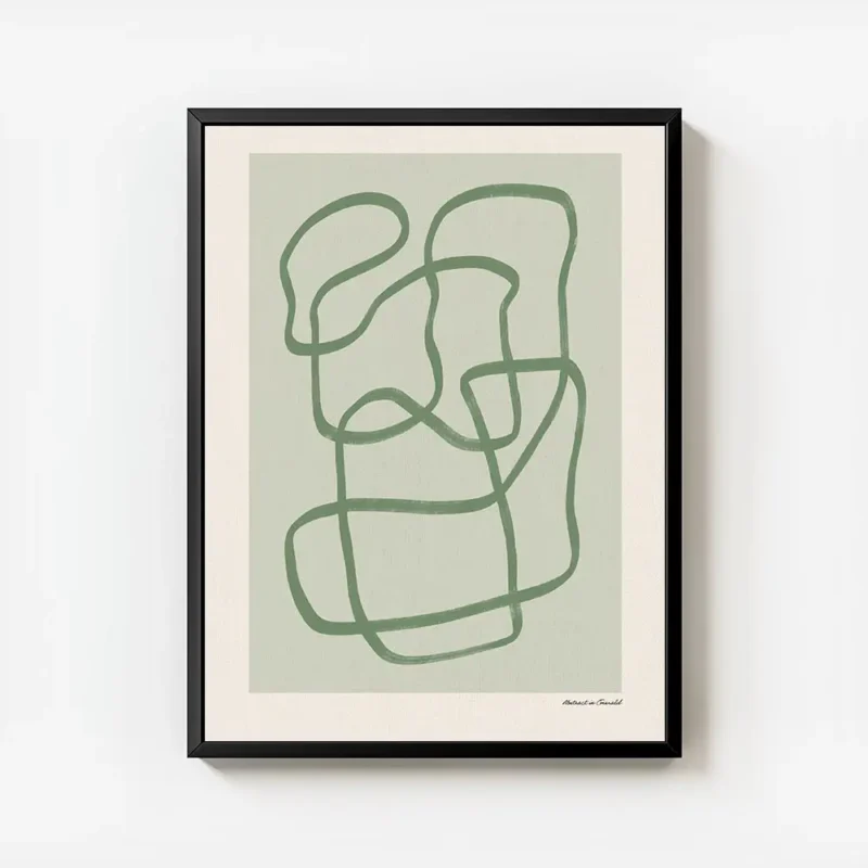 affiche dart abstrait moderne avec des lignes vertes entrelacees sur un fond ver avec cadre.webp