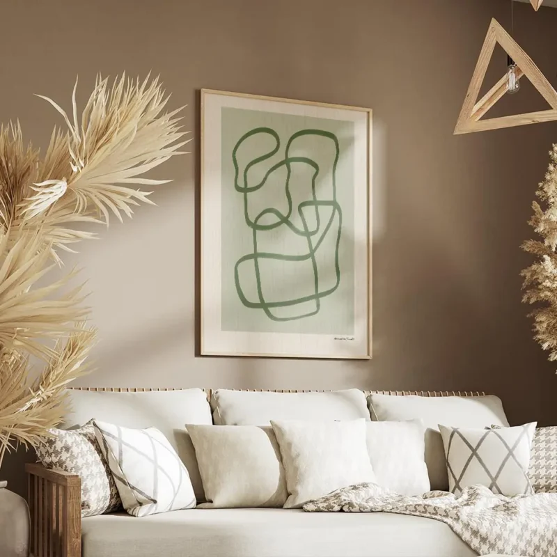affiche dart abstrait moderne avec des lignes vertes entrelacees sur un fond ver salon.webp