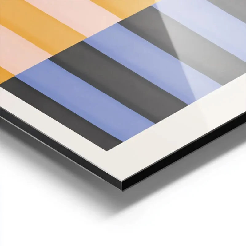 affiche dart abstrait moderne avec des rayures colorees en jaune orange rose ble aluminium.webp