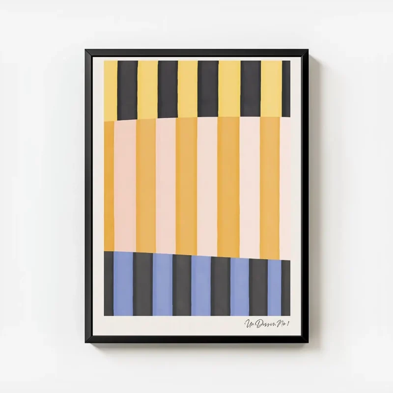 affiche dart abstrait moderne avec des rayures colorees en jaune orange rose ble avec cadre.webp